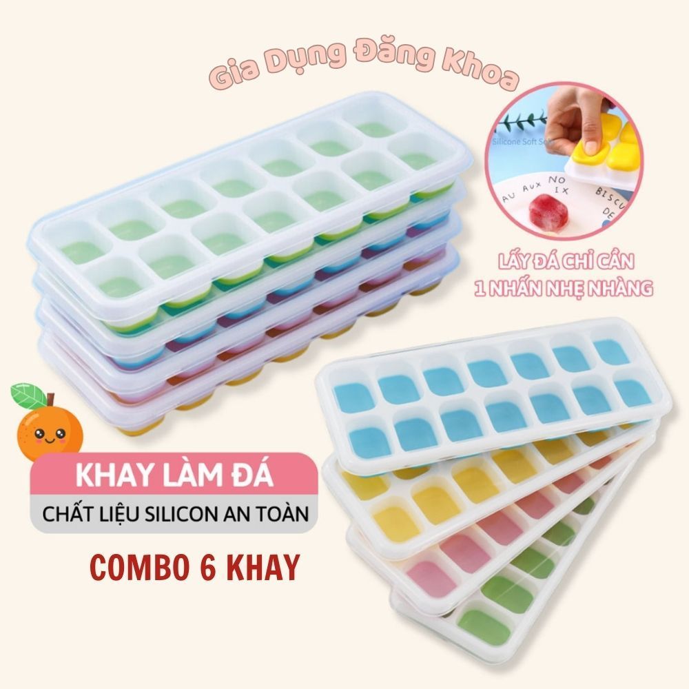 Combo 6 Khay Làm Đá Khuôn Silicon Có Nắp Đậy 14 Viên Làm Kem Làm Đá Chất Liệu An Toàn Thực phẩm, tiện dụng