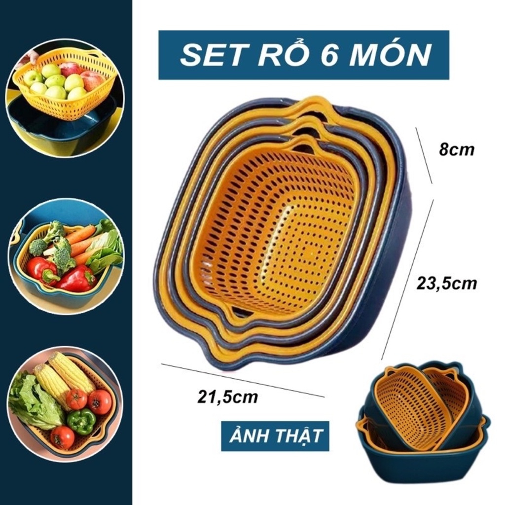 Séc  Rổ Nhựa Đựng Đồ 6 mốn - Bộ Rổ Nhựa Kèm Chậu - Bộ Rổ Nhựa Chữ Nhật 6 Món Cao Cấp