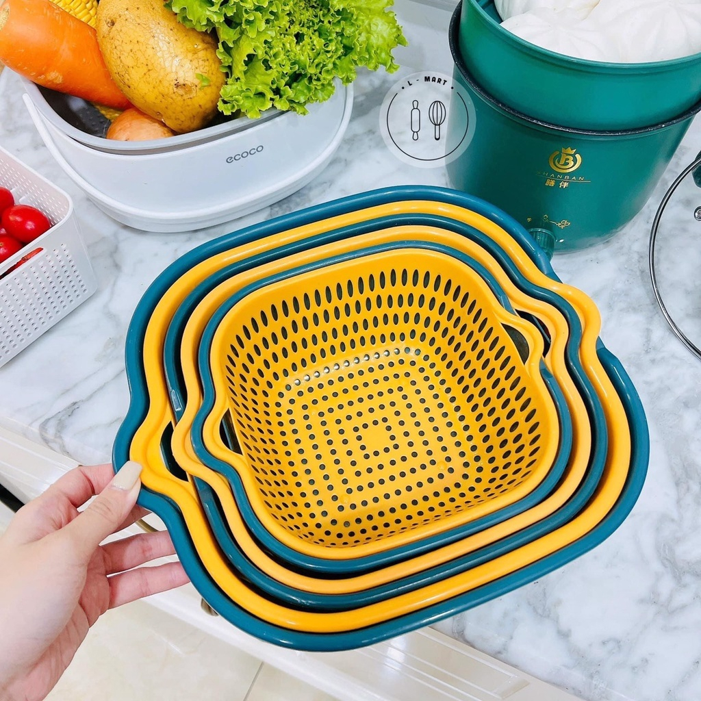Séc  Rổ Nhựa Đựng Đồ 6 mốn - Bộ Rổ Nhựa Kèm Chậu - Bộ Rổ Nhựa Chữ Nhật 6 Món Cao Cấp