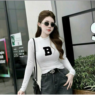 Áo thun nữ Hàn Quốc tay dài cổ cao chất thun co giãn in chữ B nổi bật VANISA CT348