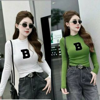 Áo thun nữ Hàn Quốc tay dài cổ cao chất thun co giãn in chữ B nổi bật VANISA CT348