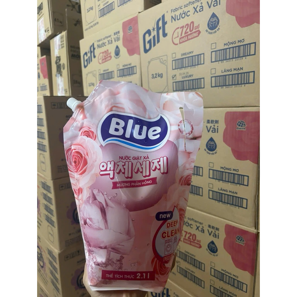 Túi Nước Giặt Xả Blue 2.1L  Hương Phấn Hồng Cho Máy Giặt Cửa Trước Và Cửa Trên