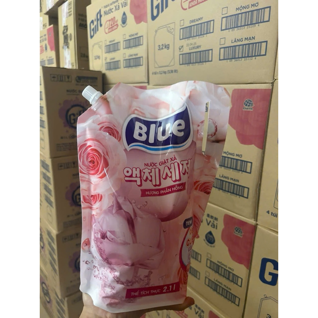 Túi Nước Giặt Xả Blue 2.1L  Hương Phấn Hồng Cho Máy Giặt Cửa Trước Và Cửa Trên