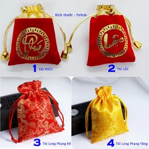 Túi Chữ Lộc , Túi Chữ Phúc nhung đỏ có dây rút , 7 x 9 cm , đựng trang sức , đồ phong thủy nhỏ gọn