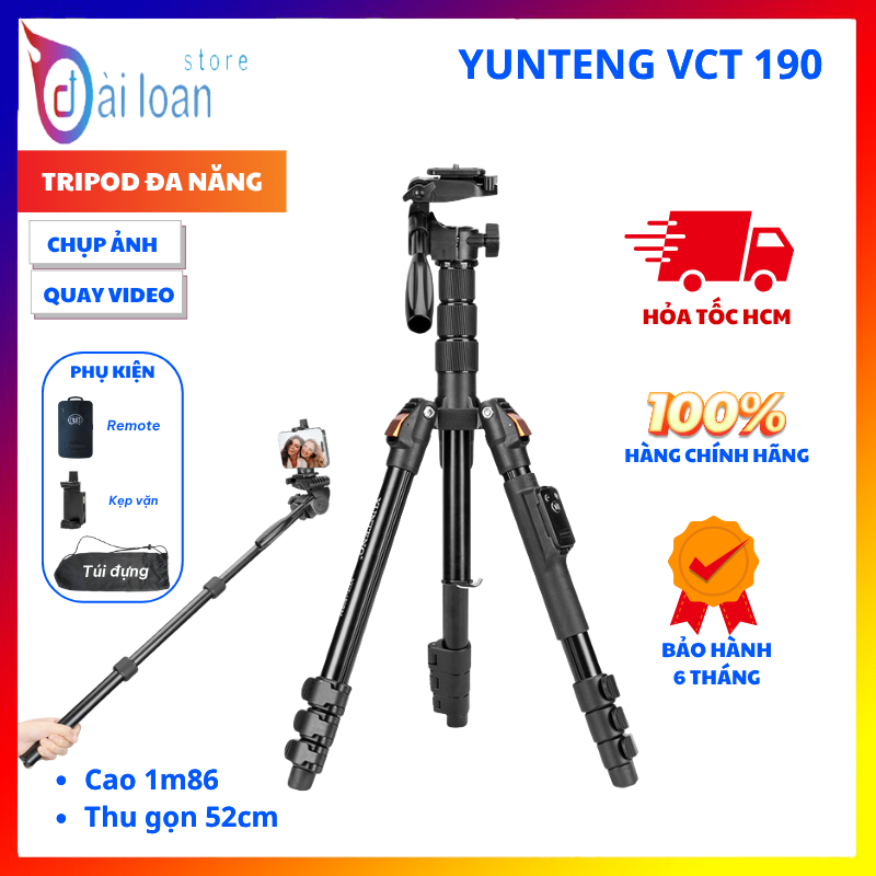 Tripod Yunteng VCT-190 - Chân Đế 1m86 Kèm Remote Đầu Kẹp Và Túi Đựng, Tháo Rời Làm Gậy Selfie