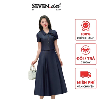 Set áo kiểu đính hoa phối chân váy xoè denim lụa thời trang nữ Seven.AM M113156I M730319I