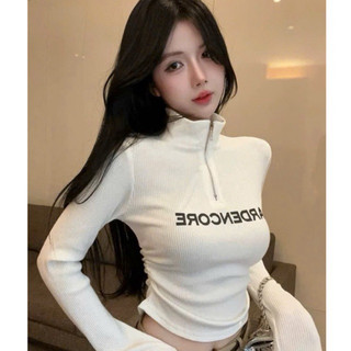 Áo croptop tay dài nữ chất thun tăm có khoá kéo chữ in thời trang VANISA CT351