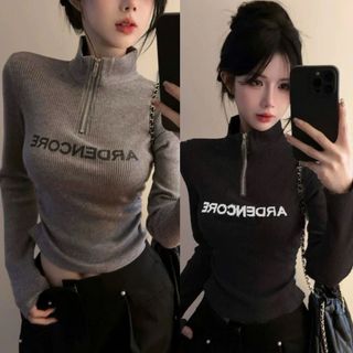 Áo thun gân cổ lọ nữ có khoá kéo trước ngực tay dài dáng ôm VANISA CT351