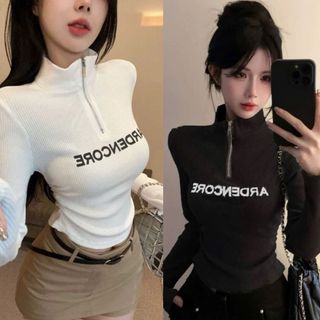 Áo croptop tay dài nữ chất thun tăm có khoá kéo chữ in thời trang VANISA CT351