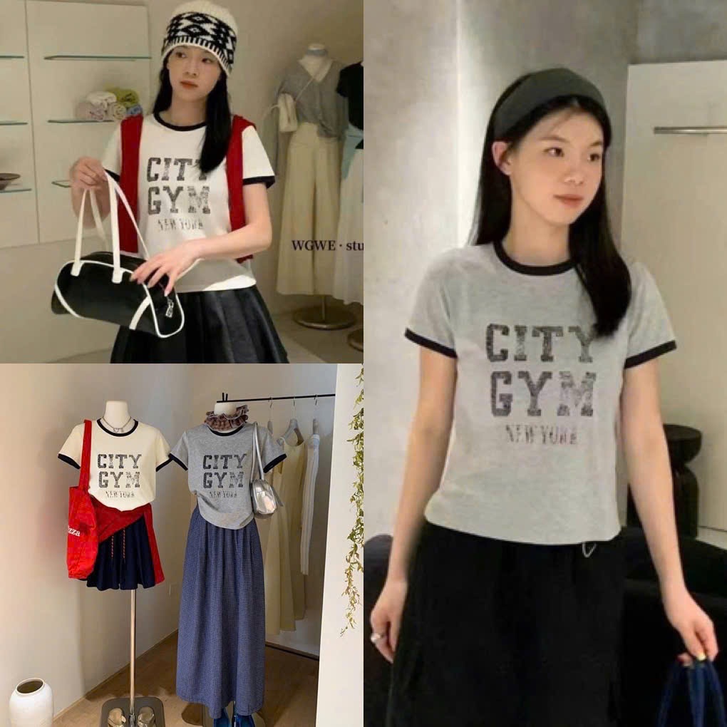 [WGWE] Áo thun tay ngắn wg.we phối màu tương phản mùa thu in chữ City ...