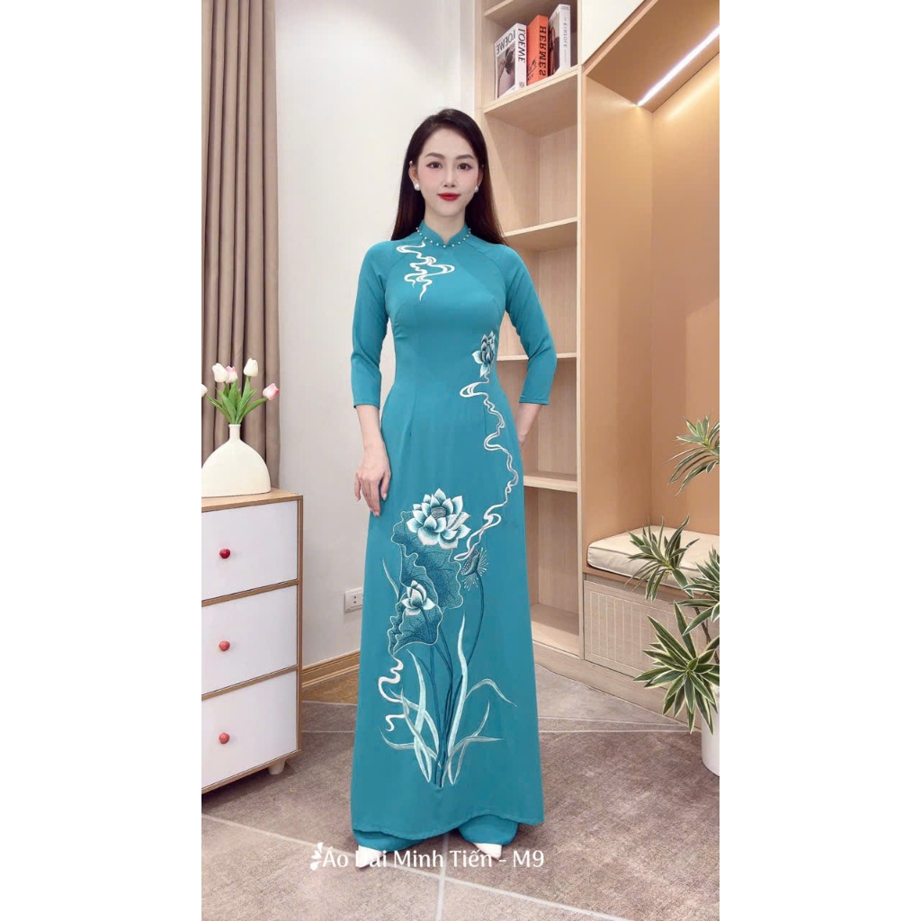 Áo Dài Lụa Mỹ Cao Cấp Họa Tiết Thêu Thủ Công Tỉ Mỉ - Mã M9