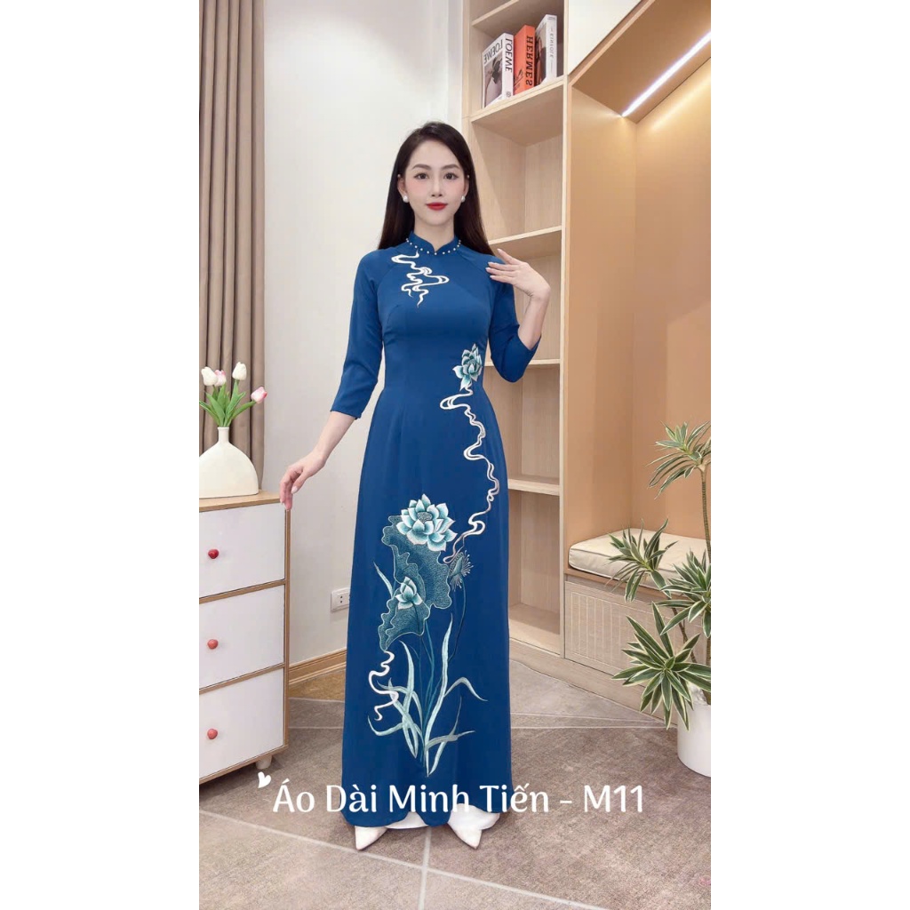 Áo Dài Lụa Mỹ Cao Cấp Họa Tiết Thêu Thủ Công Tỉ Mỉ - Mã M11