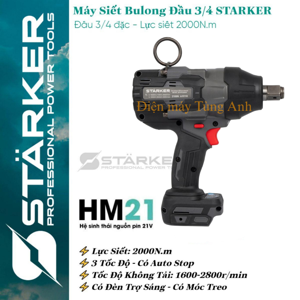 Máy Siết Bulong Pin STARKER 2000N.m, Đầu 3/4 đặc - Lực Siết 2000n.m - Mở Vặn Ốc Xe Tải