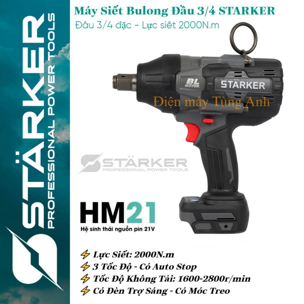 Máy Siết Bulong Pin STARKER 2000N.m, Đầu 3/4 đặc - Lực Siết 2000n.m - Mở Vặn Ốc Xe Tải