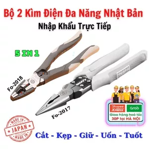 Bộ 2 kìm điện và kìm nhọn cao cấp Nhật Bản 5 trong 1 FUKOUKA 8inch/220mm (Kẹp-Cắt-Uốn-Cuộn-Tuốt dây)