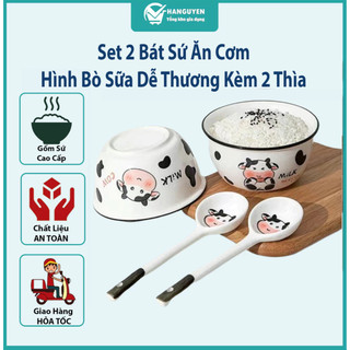 Bộ 2 Bát Cơm Sứ Hình Bò Kèm 2 Thìa - Chén Ăn Cơm Cho Bé Dễ Thương, Hoạt Hình Đáng Yêu
