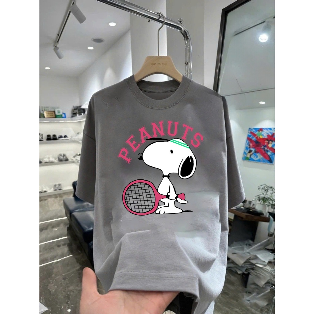 Áo thun in hình Snoopy đánh Tennis chữ Peanuts Form Dáng Rộng Cotton Cao Cấp Premium
