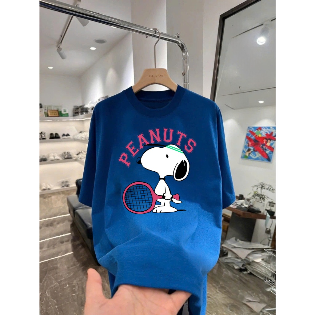 Áo thun in hình Snoopy đánh Tennis chữ Peanuts Form Dáng Rộng Cotton Cao Cấp Premium