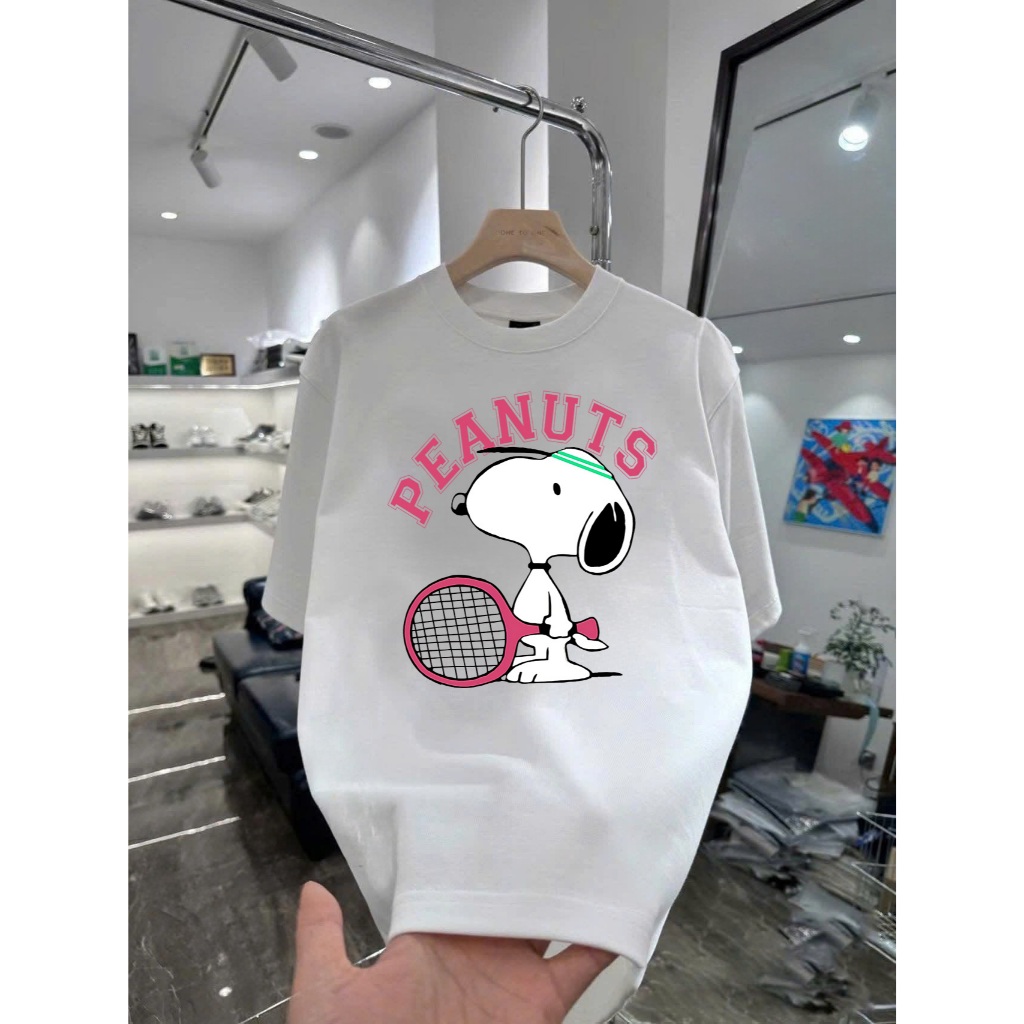 Áo thun in hình Snoopy đánh Tennis chữ Peanuts Form Dáng Rộng Cotton Cao Cấp Premium