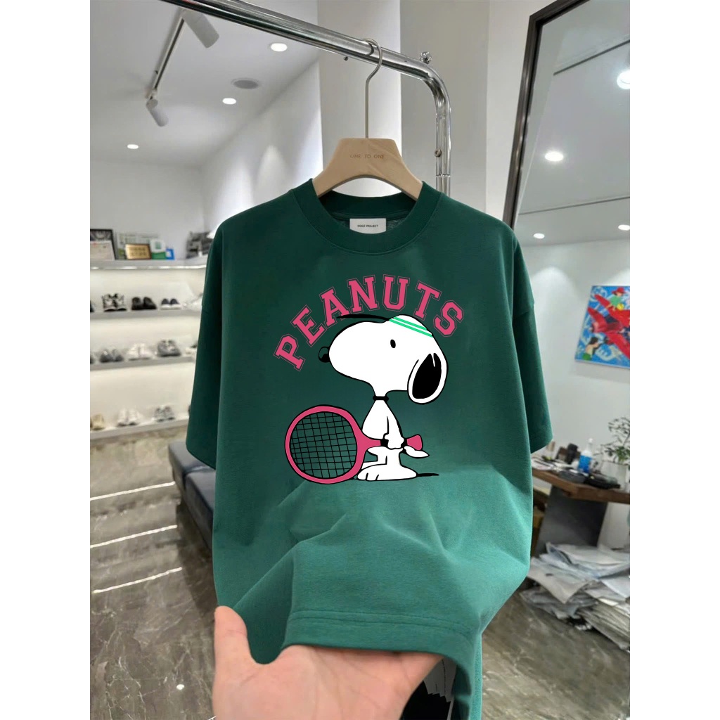 Áo thun in hình Snoopy đánh Tennis chữ Peanuts Form Dáng Rộng Cotton Cao Cấp Premium