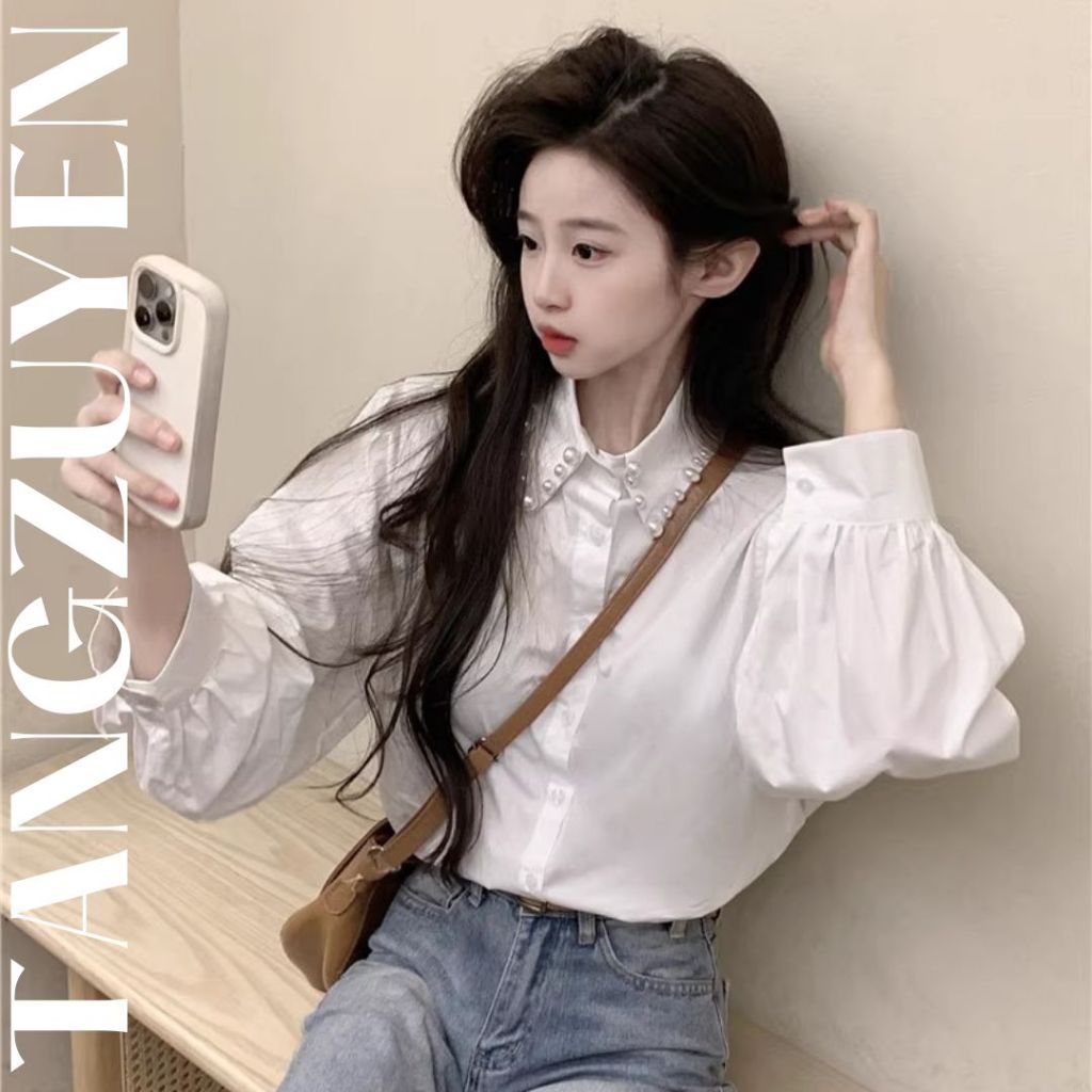 Áo sơ mi cổ đính ngọc trắng dài tay bèo vai tiểu thư sang trọng Áo kiểu nữ công sở dáng rộng bánh bèo xinh T501G