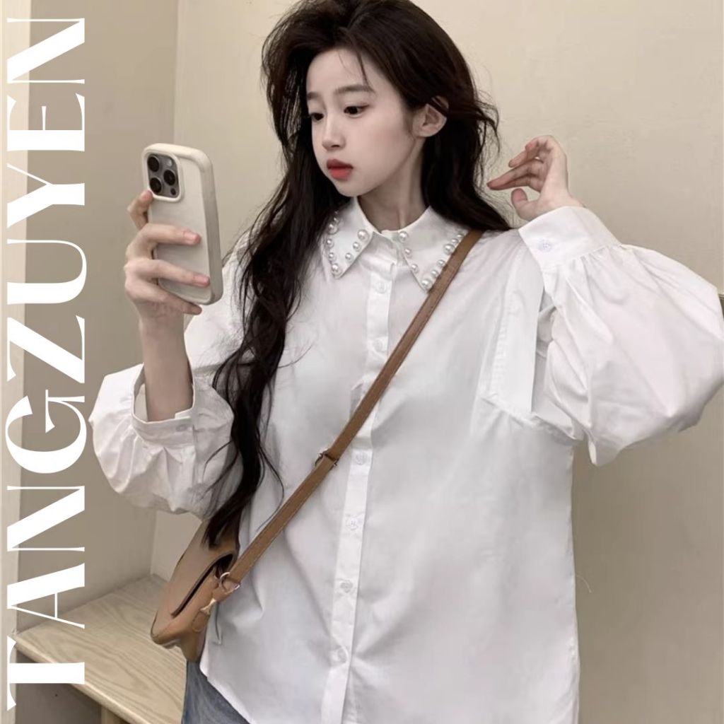 Áo sơ mi cổ đính ngọc trắng dài tay bèo vai tiểu thư sang trọng Áo kiểu nữ công sở dáng rộng bánh bèo xinh T501G