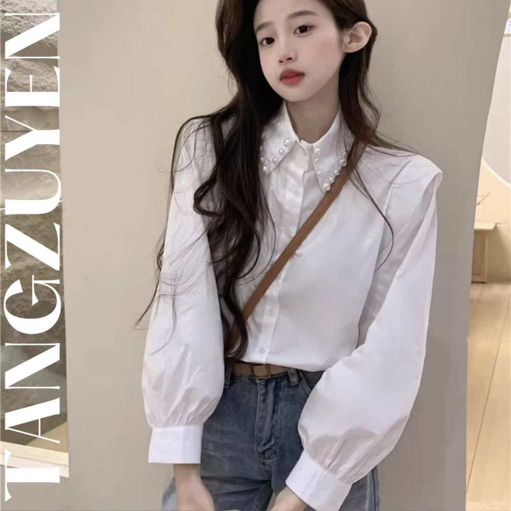 Áo sơ mi cổ đính ngọc trắng dài tay bèo vai tiểu thư sang trọng Áo kiểu nữ công sở dáng rộng bánh bèo xinh T501G