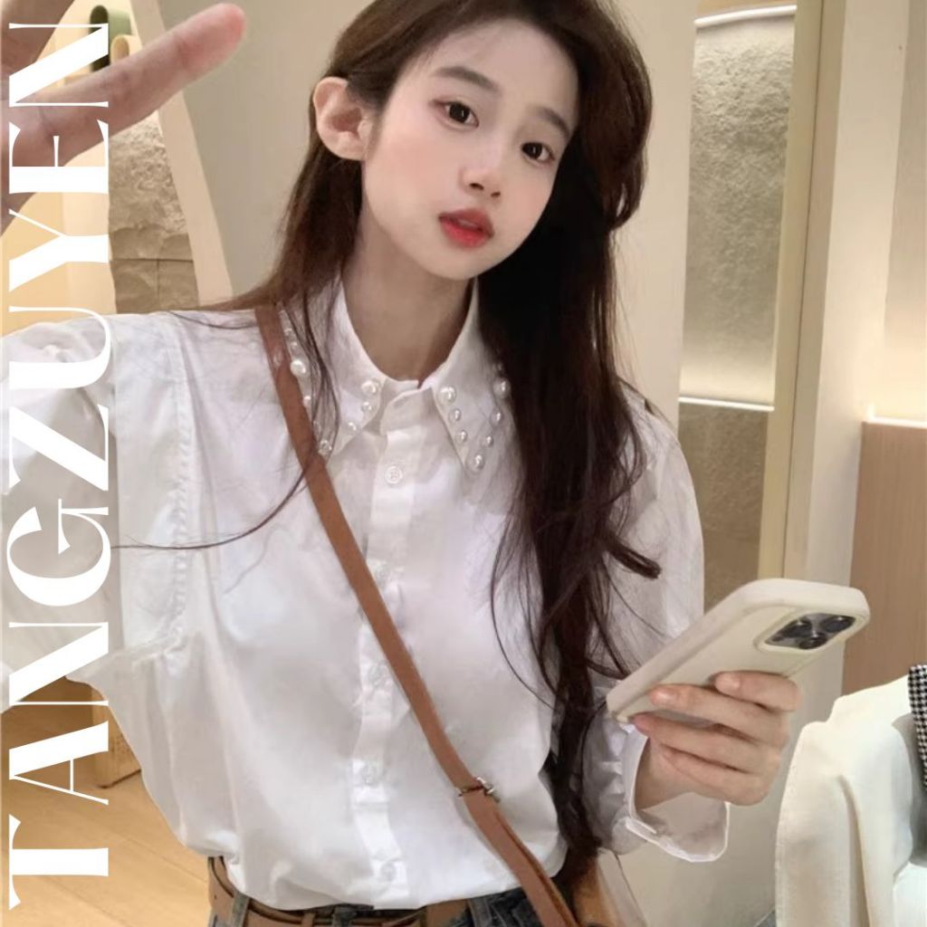 Áo sơ mi cổ đính ngọc trắng dài tay bèo vai tiểu thư sang trọng Áo kiểu nữ công sở dáng rộng bánh bèo xinh T501G