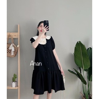 Váy bầu công sở ANAN thiết kế kiểu đuôi cá nhún cổ lệch đính bông