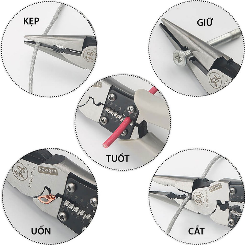 Kìm Điện Đa Năng 5in1 Nhập Khẩu Nhật Bản Chính Hãng, Kìm Fukouka Kẹp-Cắt-Uốn-Tuốt Dây Điện, Dây Cáp, Bấm COS Đa Năng
