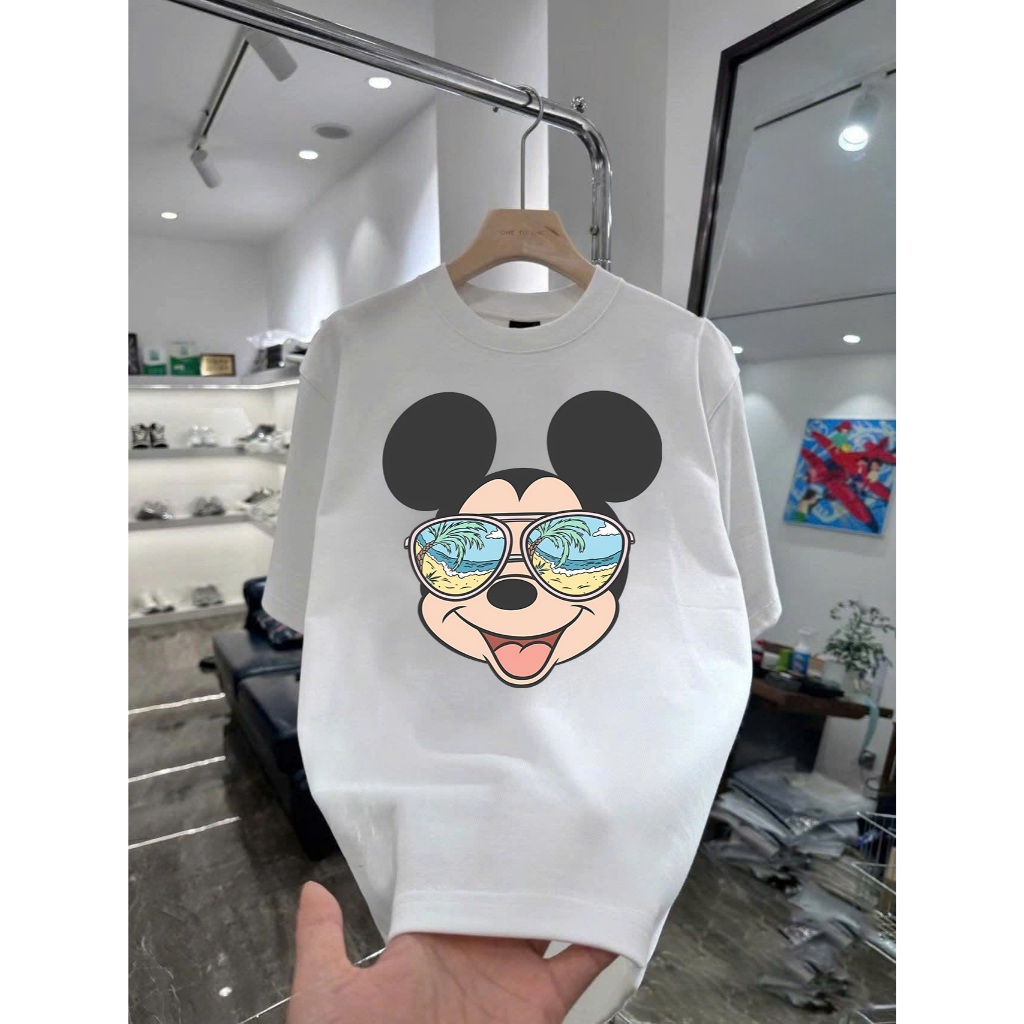 Áo thun in hình Mickey Mouse đeo kính râm bãi biển Vải Cotton Co Giãn 2 Chiều Form Rộng
