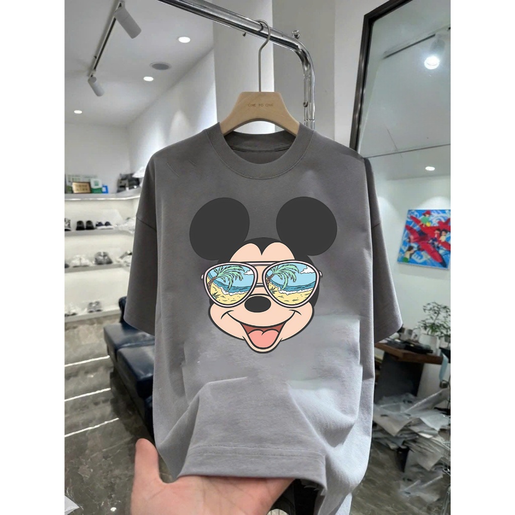Áo thun in hình Mickey Mouse đeo kính râm bãi biển Vải Cotton Co Giãn 2 Chiều Form Rộng