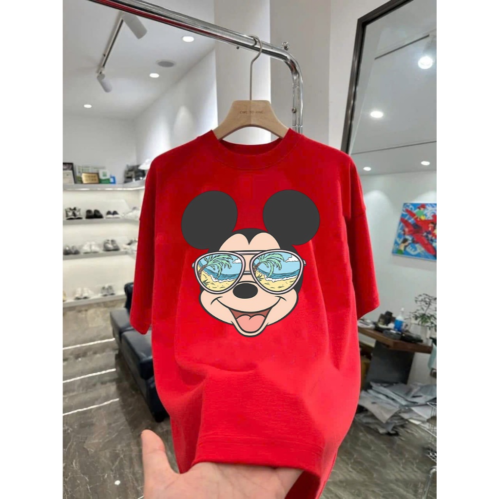 Áo thun in hình Mickey Mouse đeo kính râm bãi biển Vải Cotton Co Giãn 2 Chiều Form Rộng