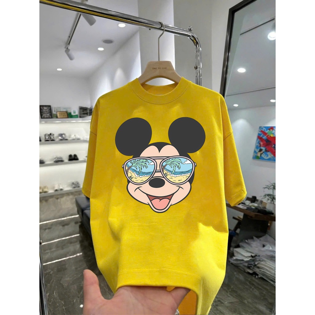 Áo thun in hình Mickey Mouse đeo kính râm bãi biển Vải Cotton Co Giãn 2 Chiều Form Rộng