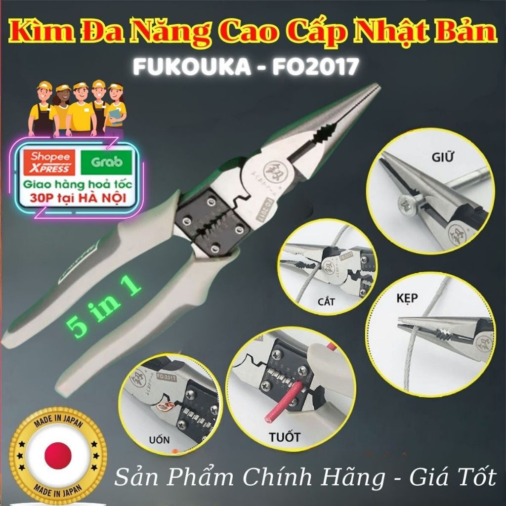 Kìm Điện Đa Năng 5in1 Nhập Khẩu Nhật Bản Chính Hãng, Kìm Fukouka Kẹp-Cắt-Uốn-Tuốt Dây Điện, Dây Cáp, Bấm COS Đa Năng