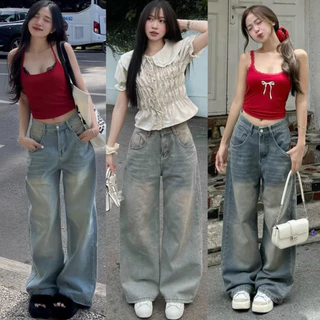Quần Jeans Dài Wash MIAA Ống Rộng Cạp Cao Tôn Dáng Nam Nữ Unisex