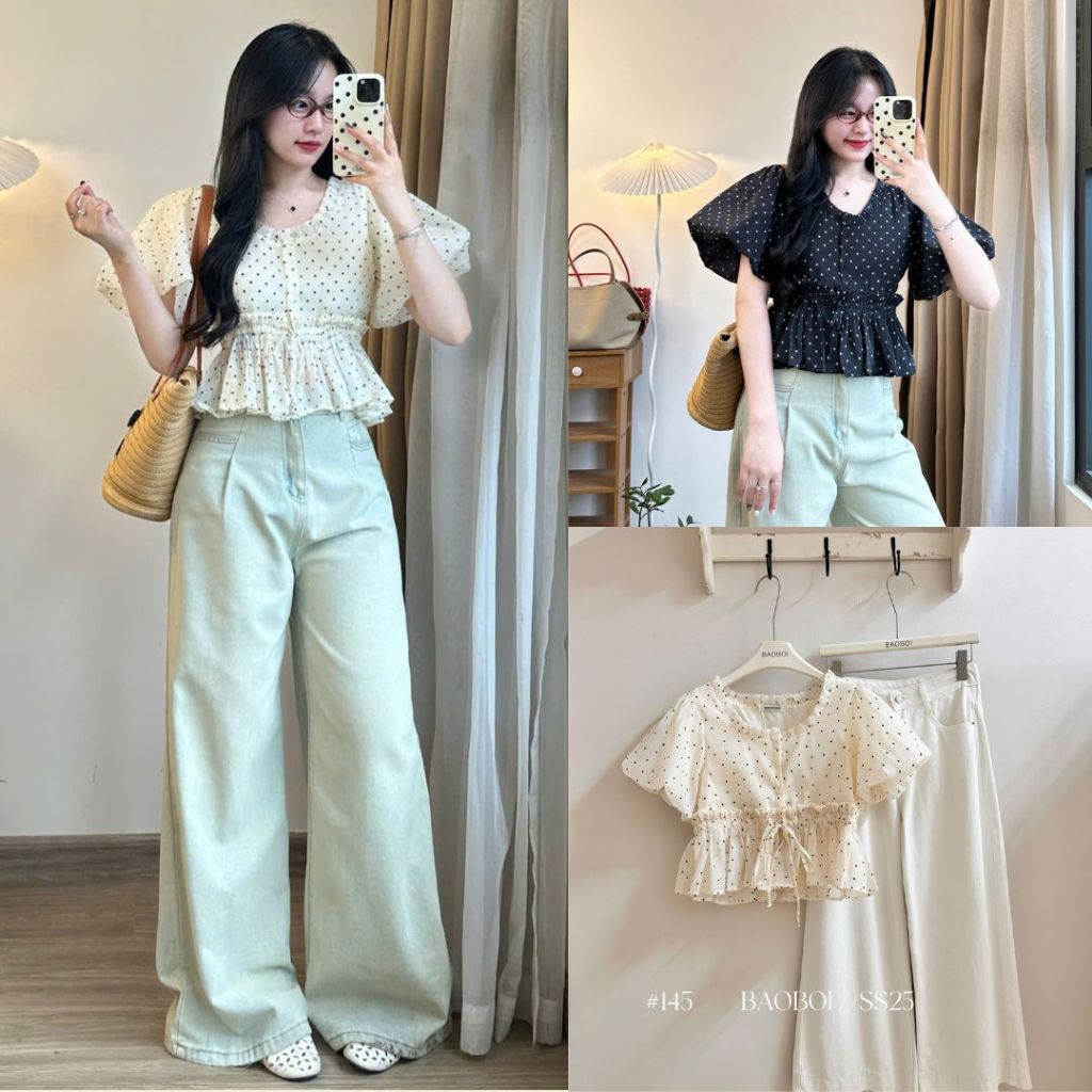 Áo  Sơ Mi Dáng Babydoll Crop Chấm Bi Tay Bồng Viền Bèo Dáng Bo Eo Dây Rút Cổ Tròn Joolate
