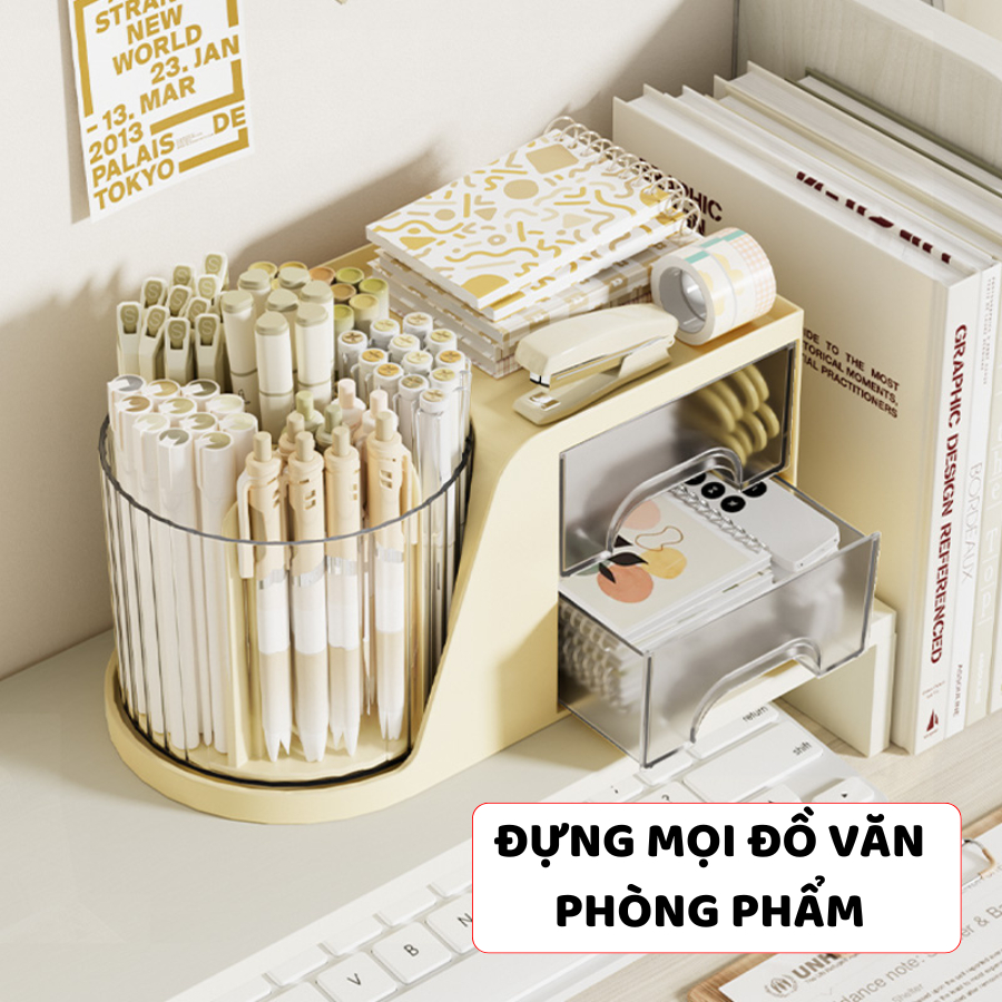 Hộp Đựng Bút Để Bàn ENODA HOME, Khay Ngăn Kéo Đựng Văn Phòng Phẩm Có Ống Đựng Bút Xoay Tròn P056