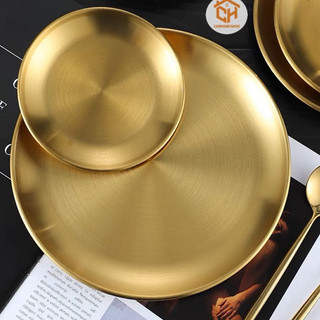 Đĩa- Dĩa Tròn Inox Mạ Vàng Bày Đồ Ăn, Trang Trí Phòng Bếp, Bàn Thờ Cam Homeware
