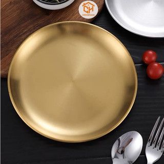 Đĩa- Dĩa Tròn Inox Mạ Vàng Bày Đồ Ăn, Trang Trí Phòng Bếp, Bàn Thờ Cam Homeware