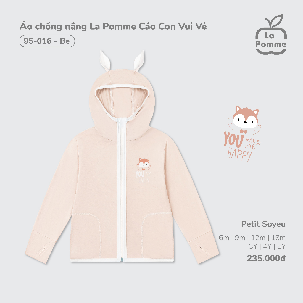 Áo chống nắng/Áo khoác đa năng La Pomme- Bé trai/ bé gái từ 8-20kg- thoáng mát,khoá kéo êm mượt, dễ dàng thao tác- 6M-5Y