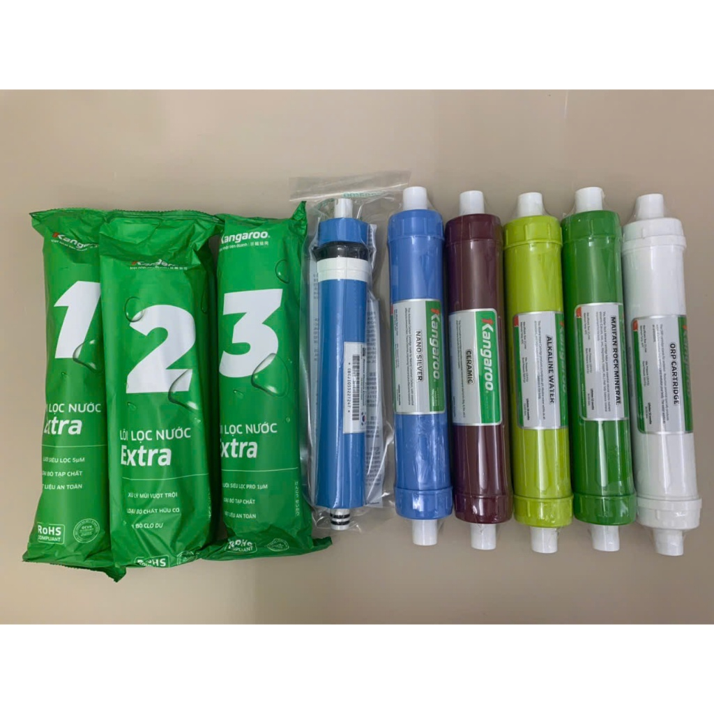 Combo 9 Lõi Lọc Nước Kangaroo 123 RO50GPD Nano Ceramic Alkaline Maifan ORP Cho Model KG109AKV, KG09A3, KGRP99, KG19A3...