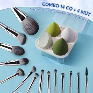 14 bộ bộ bàn chải trang điểm, bóng mắt hoàn chỉnh, bột, bộ bàn chải đỏ và đường viền+Bộ 4 Mút Trang Trứng Kèm