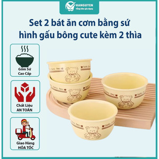 Set 2 bát ăn cơm sứ hình gấu bông kèm 2 thìa - chén hoạt hình dễ thương cho bé