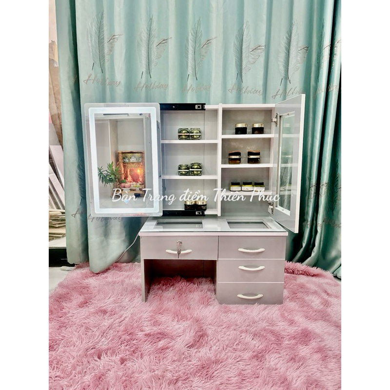 J82 - Bàn Trang điểm Ngồi Bệt gương đèn led cảm ứng có tủ trong gương, mặt bàn kính + cánh