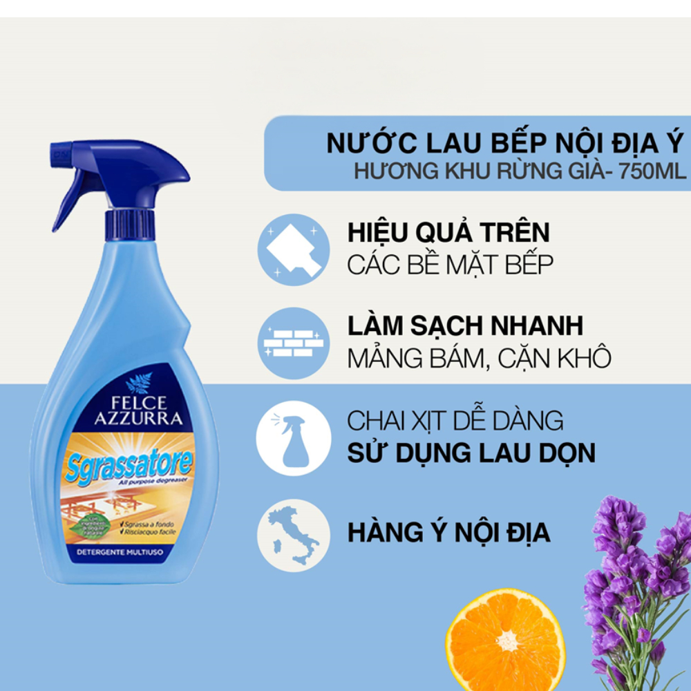 Bình xịt tẩy dầu mỡ cháy khét hương cổ điển Ý - Felce Azzurra - 750ml - NK Ý