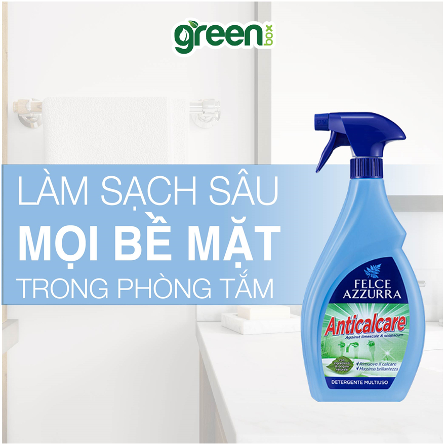 Bình xịt tẩy cặn canxi thiết bị inox, men sứ hương nước hoa nhà tắm Felce Azzurra - 750ml - NK Ý