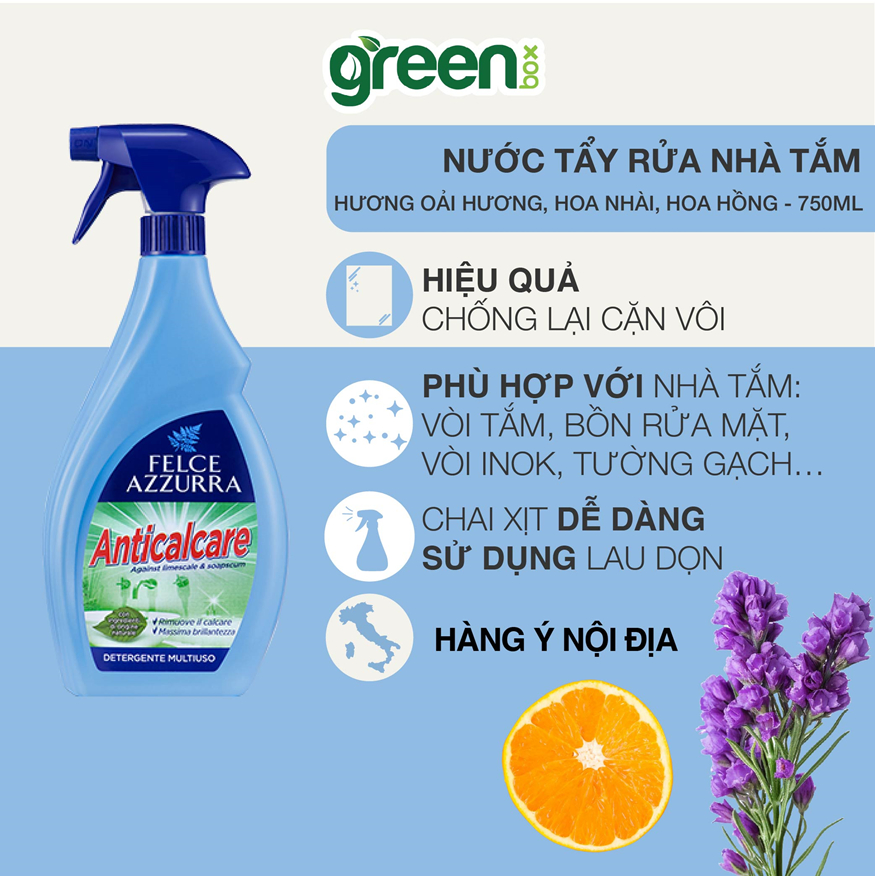 Bình xịt tẩy cặn canxi thiết bị inox, men sứ hương nước hoa nhà tắm Felce Azzurra - 750ml - NK Ý