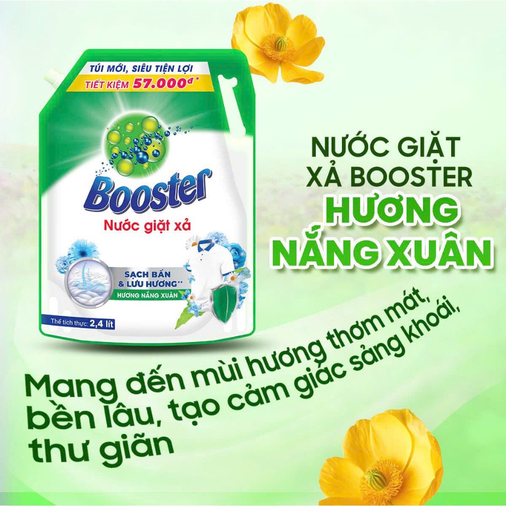 Thùng 4 túi nước giặt xả Bosster hương nắng xuân 2.4L/ túi, Combo tiết kiệm giặt & xả 2in1