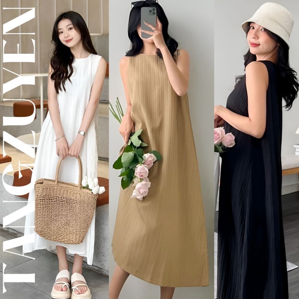 Váy nữ sát nách có túi dáng dài form rộng chất đũi gân không cổ vintage Đầm nữ basic đi biển du lịch dáng suông bầu T81G